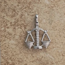 Libra Scales Zodiac w/CZ Bright Silver Rhodium Plated Pendant Astrological Sign