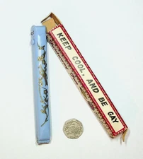 Blue Foldaway Fan in box saying 'Keep cool & be gay' 1960s ? Elephant Brand gift