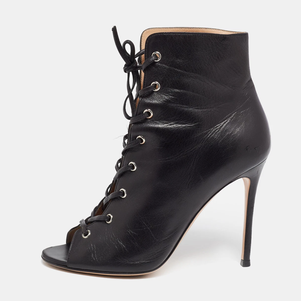 Gianvito Rossi Black Leather Open Toe Lace Up Ankle Boots Size 41