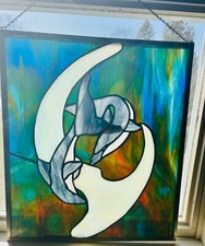Stained Glass Panel Wall Hanging Beach Dolphins Tropical Sun Catcher Vintage