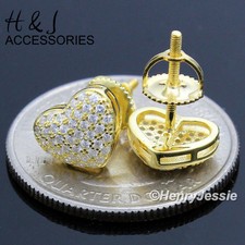WOMEN 925 STERLING SILVER ICY CZ HEART SHAPE GOLD PLATED STUD EARRING GE121