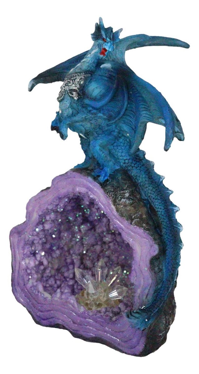 Armored Blue Dragon On Purple Quartz Faux Geode Crystal Cavern