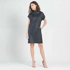 Clara Sun Woo Liquid Leather High Neck Tunic Pocket Dress XS Black TD29LR