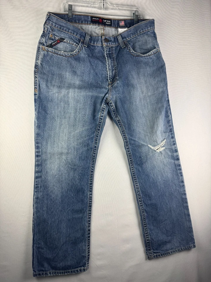 Pantalones de mezclilla Ariat FR tiro bajo M4 para hombre 36X30 azul desteñido clásico Cat2 2112 rectos Foto 2 de 4