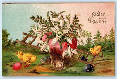 1912 Easter Greetings Little Chick See Saw Hatched Egg With Flowers Postcard