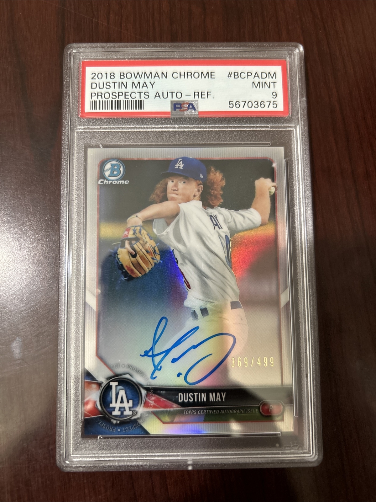 2018 Bowman Chrome Prospect Auto Refractor /499 Dustin May #BCPA-DM PSA 9 Mint