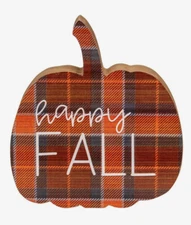 Pumpkin Sign Happy Fall Plaid Chunky Shelf Sitter Thanksgiving Decor 5.5 inch