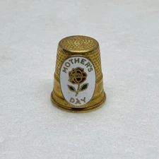 Vintage Gold Tone Thimble “Mother’s Day” Enamel Rose Floral Art Decor 6