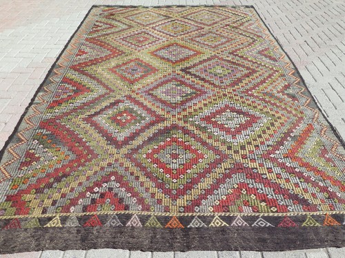 Large Rug, Area Rug, Wool Rugs, Boho Rug, Embroidery Rug, Turkish Kilim 87"x139"