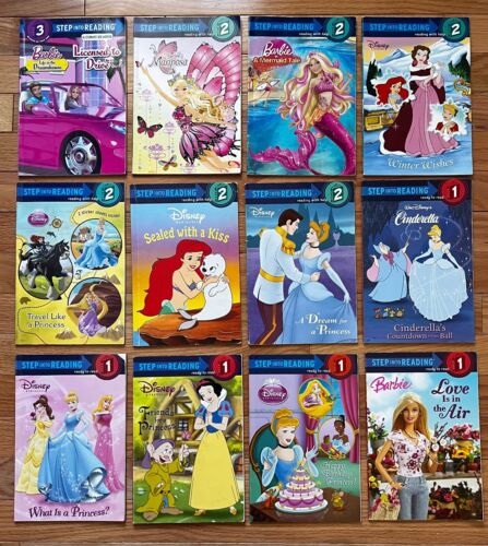 12 Lot Disney Princess Barbie Girl Step Into Reading Books Readers PB Level 1 &2 - Foto 1 di 2