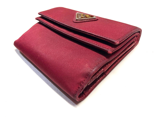PRADA VINTAGE TRIANGLE EMBLEM POCONO NYLON LEATHER WALLET TRIFOLD ITALY RED - Picture 7 of 24