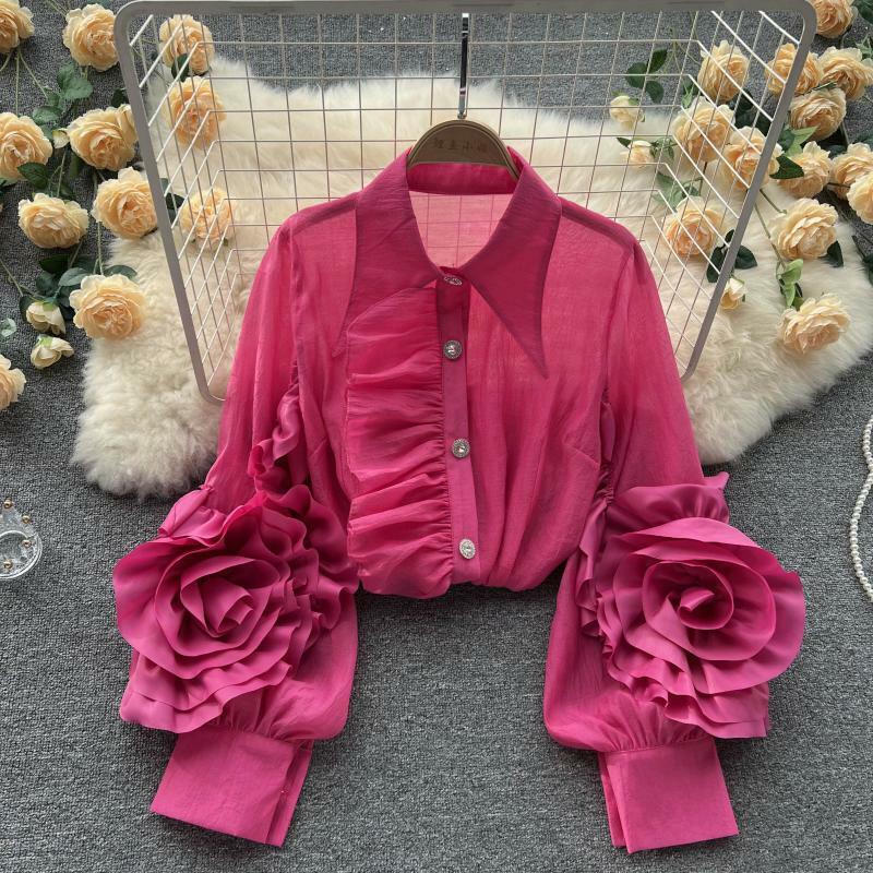 Women Sheer Mesh Ruffle Blouse Shirt Top Retro 3D Flower Women Sheer Mesh Ruffle Blouse Shirt Top Retro 3D Flower