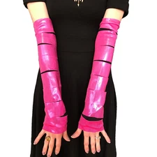 Long Cut Out Gloves Pink Shiny Arm Warmers Cosplay Costume Holograpic  Wet Look