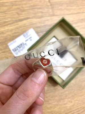 Gucci Anello Gucci Ineinandergreifender G Herz Ring Silber 925 Rot Emaille Neu 15 IT 