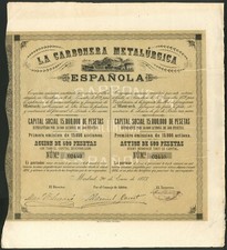 Spain: La Carbonera Metal&uacute;rgica Espa&ntilde;ola, 500 peseta share, 1873