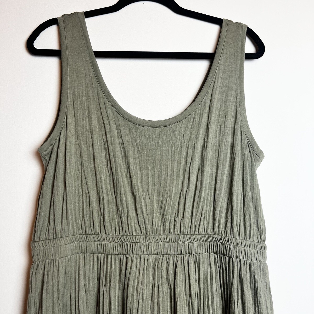 Vince Scoop Neck Pleated Midi Tank Dress in Moss Green Sz L NWT