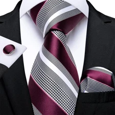 Wine Red Striped Mens Tie Classic Necktie Pocket Square Cufflinks Set Formal