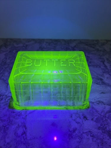 Vintage Block Optic Green Depression Vaseline Uranium Glass Butter Dish Lid Only