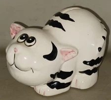Vintage Ceramic Black & White Cat Kitten Kitty Shape Piggy Bank w/ Plug