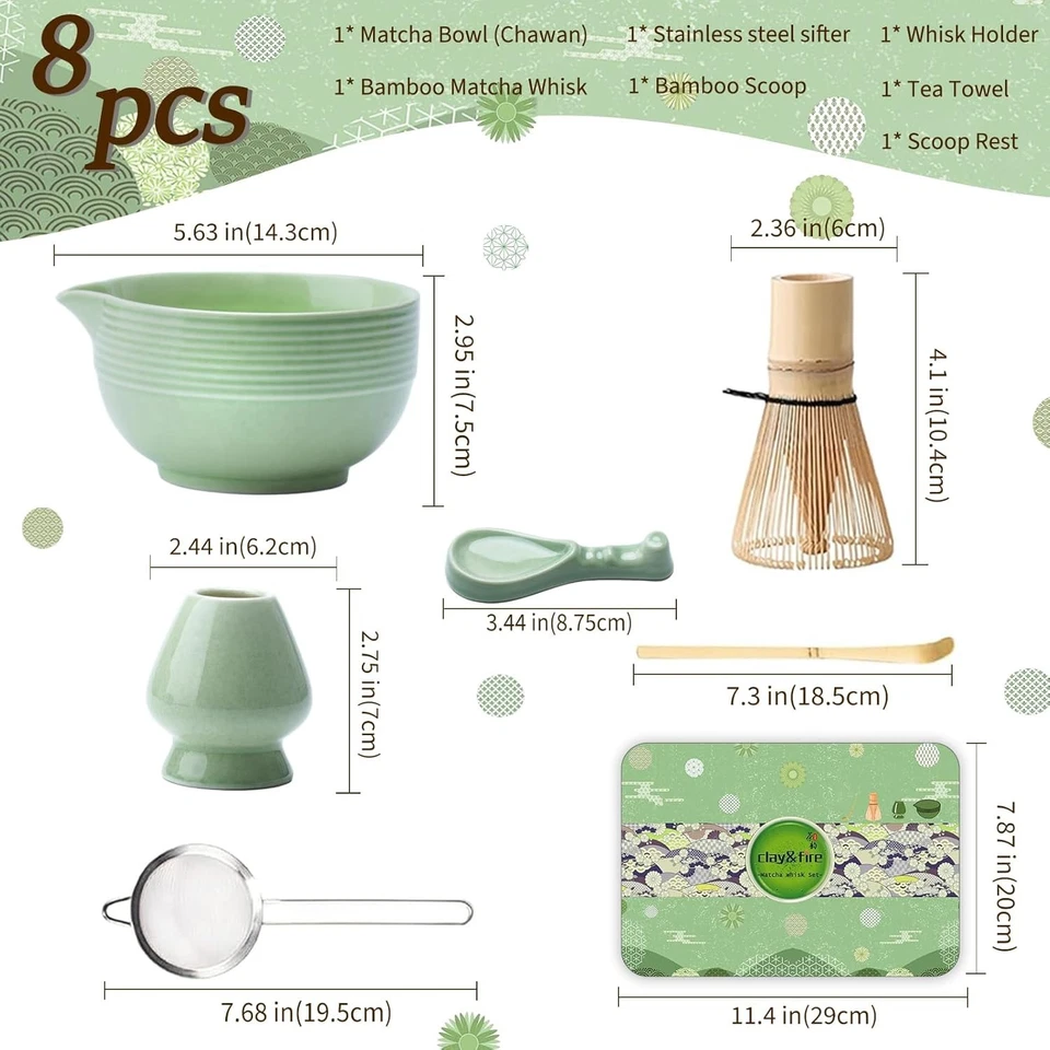 Matcha Whisk Set 8pcs Ceramic Bowl w/ Spout Tea Kit Gift, Green - Image 3 of 4