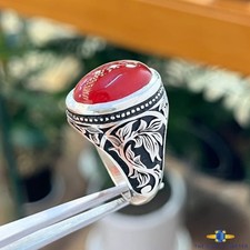 Vintage Red Yemeni Cabochon Agate Aqeeq Ring 925 Sterling Silver Ring For Men