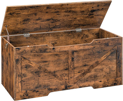 Retro Wooden Storage Bench with Safety Hinge - Rustic Brown Toy Box Organizer