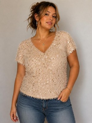Y2K sequin eyelash knit party top champagne gold size L