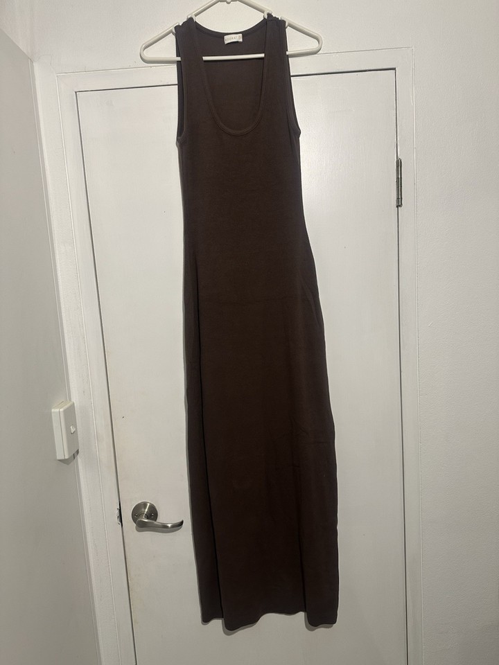 Kookai Brown Ribbed Knit Maxi Dress AU 10 Scoop Neck Sleeveless Strappy