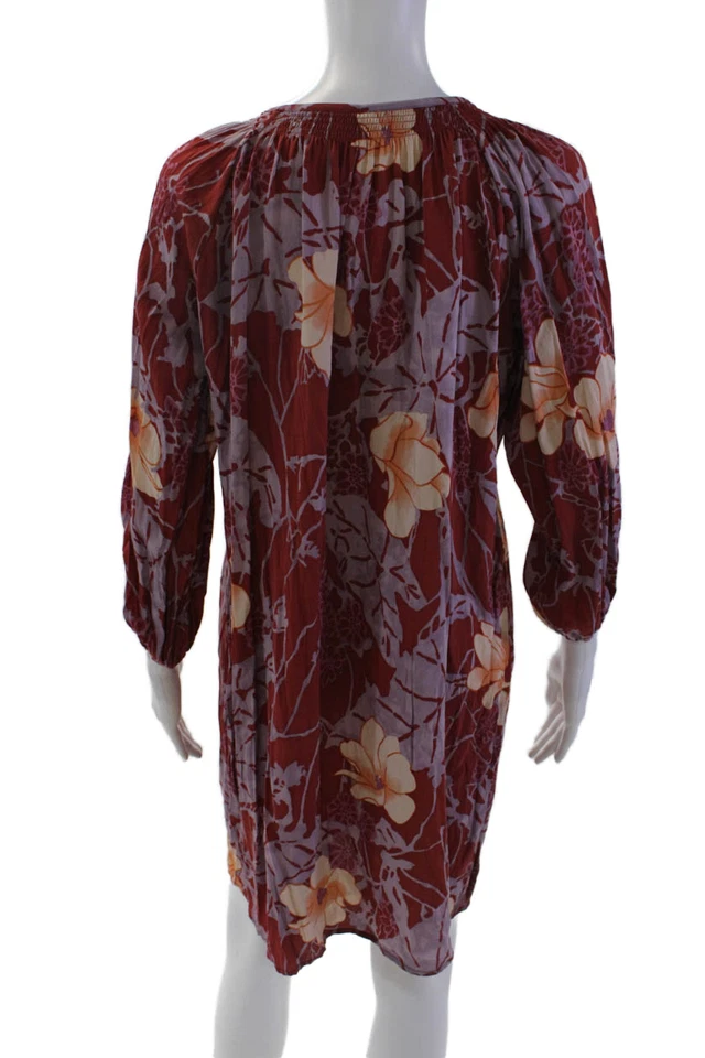 Vestido Camisa Tucker Para Mujer Seda Floral Acanalado Manga Larga Con Botones Rojo Talla M Foto 3 de 4