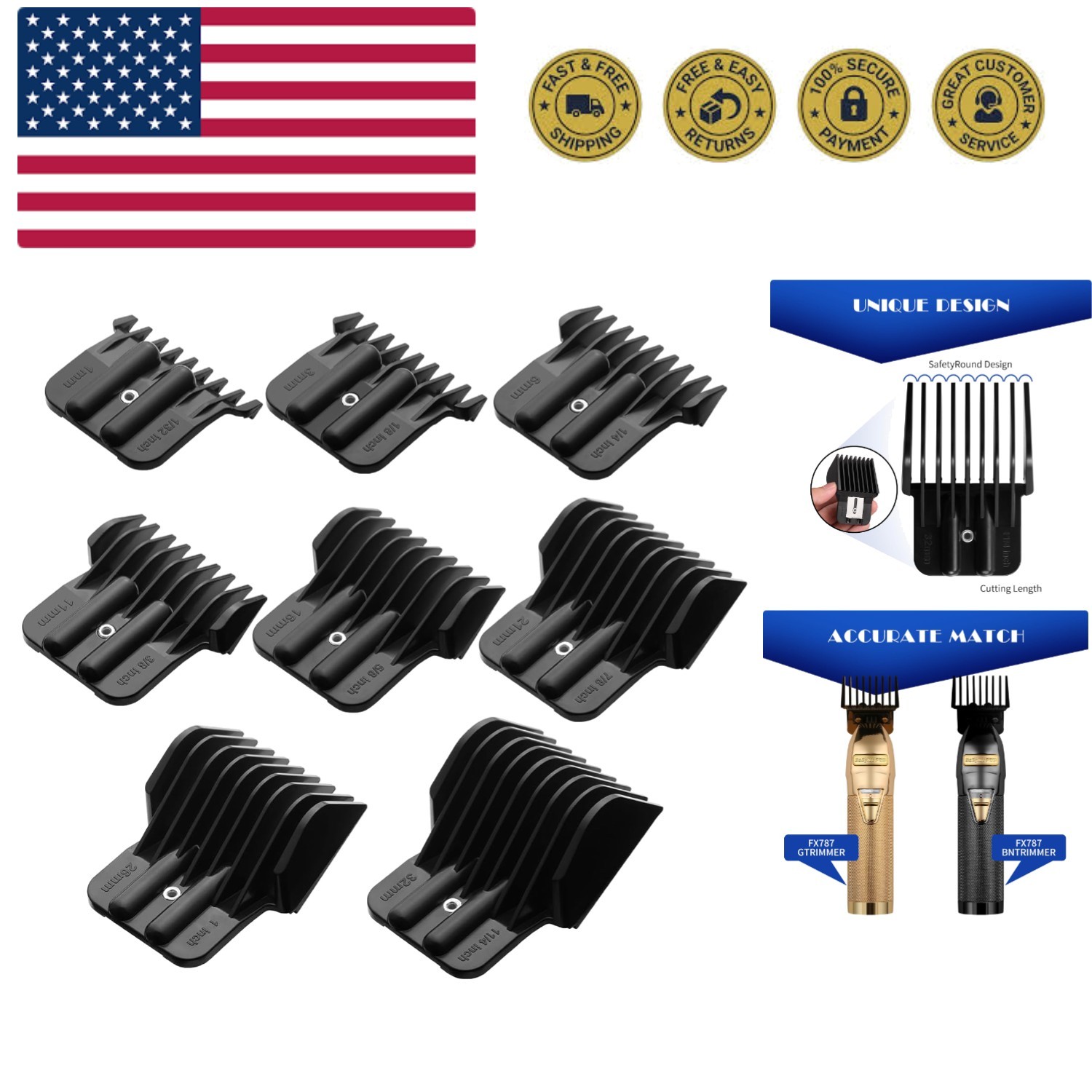 8 Pcs Trimmer Guards Fits for BaBylissPRO Barberology FX787 