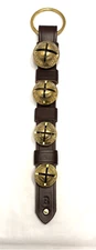Belsnickel 18” Leather Strap Brass Sleigh Bell Door Hanger USA 4 Graduated Bells