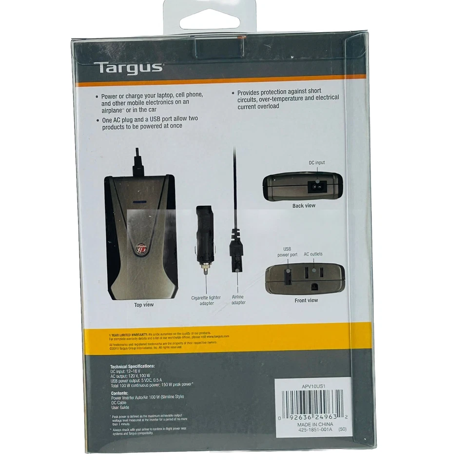 Cargador inversor de alimentación delgado Targus APV10US1 automático/aire 100 W NUEVO SELLADO Foto 2 de 3