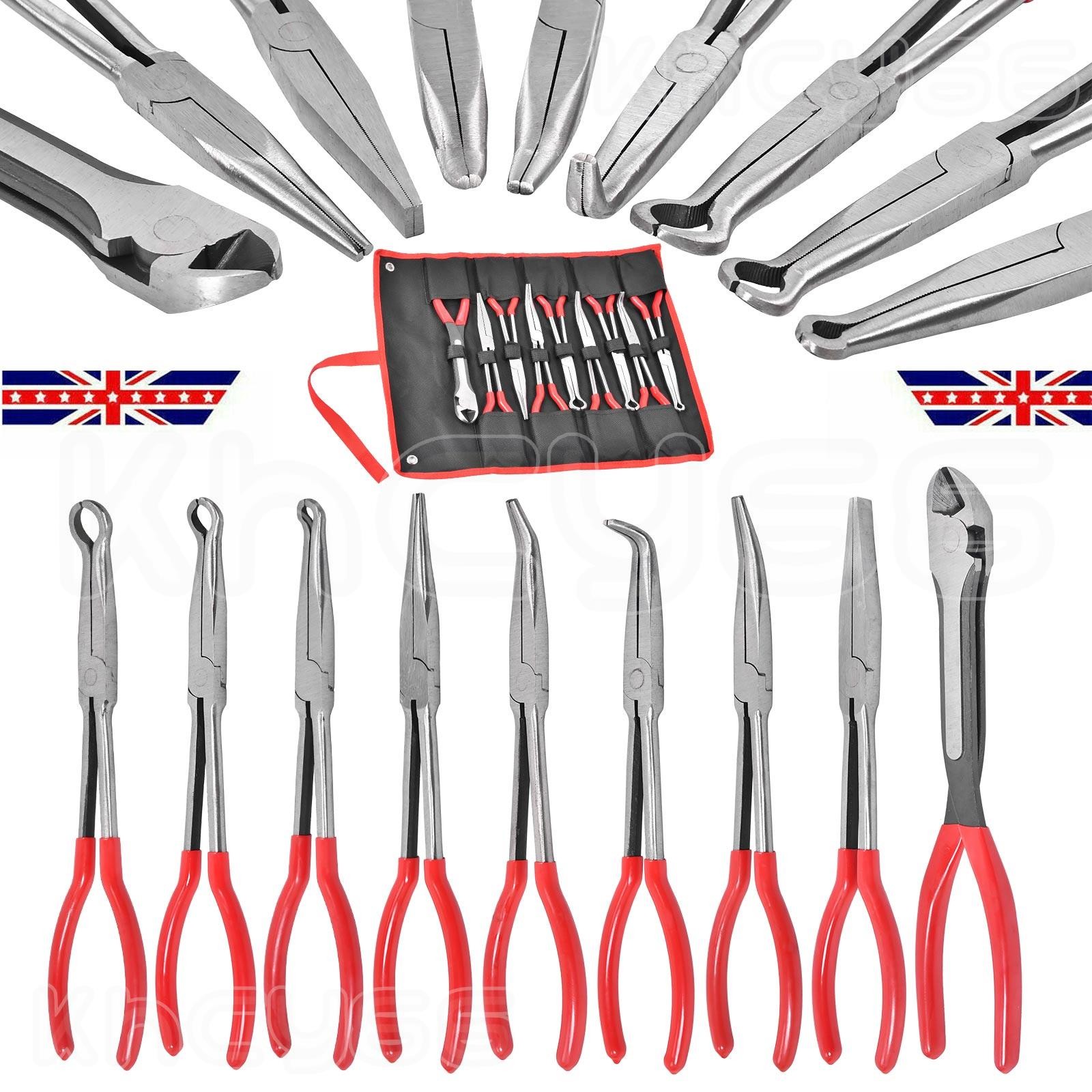9X 280mm 11'' Long Reach Nose Pliers Set Straight Bent Tip Mechanic Hose Gripper