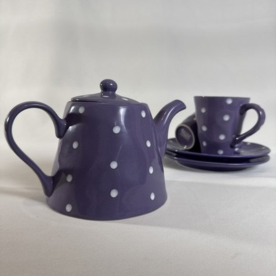 MAXWELL & WILLIAMS  Sprinkle  Purple Polka Dots Teapot + set of 2 Plates & Mugs