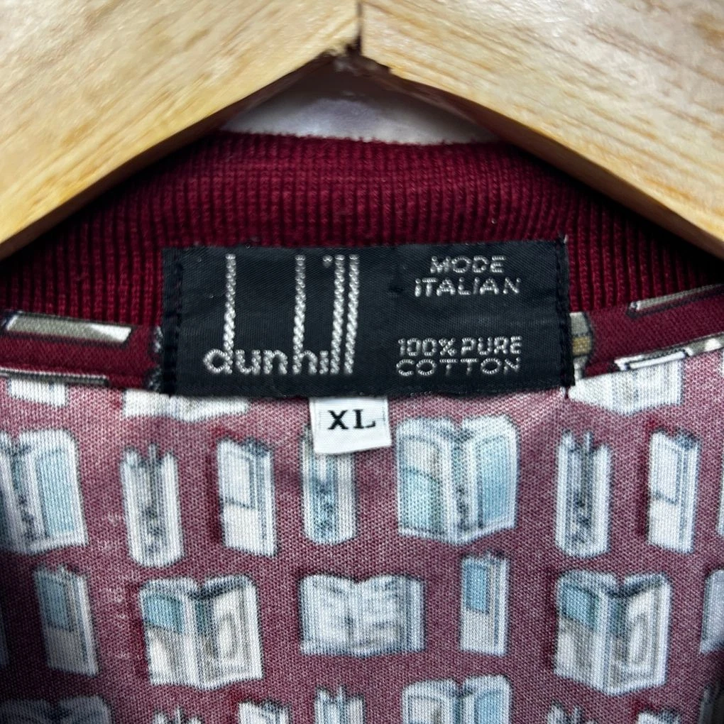 Dunhill Mens Polo Shirt Size XL Burgundy Red Book Print 100% Cotton Short Sleeve
