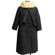 Vintage Lilli Ann Womens Black 50s Textured Fur Collar Coat