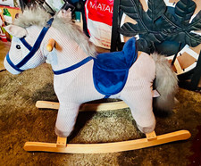 Childrens Plush Rocking Horse Grey Corduroy Blue Saddle Wooden Rockers Ride On