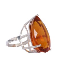 Dark Yellow Citrine Pear Shape 92 CT Lab Created 925 Silver Ring E-7