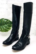 Michael Kors MK Logo Tall Riding Boots Women's 8.5 M Black Leather Zip Up Knee