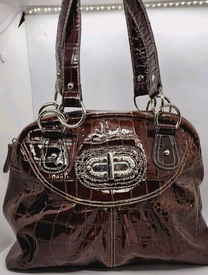 Brown PATENTED Leather Shiny Croc Purse Handbag O-ring Zipper Closure - Image 3 of 4