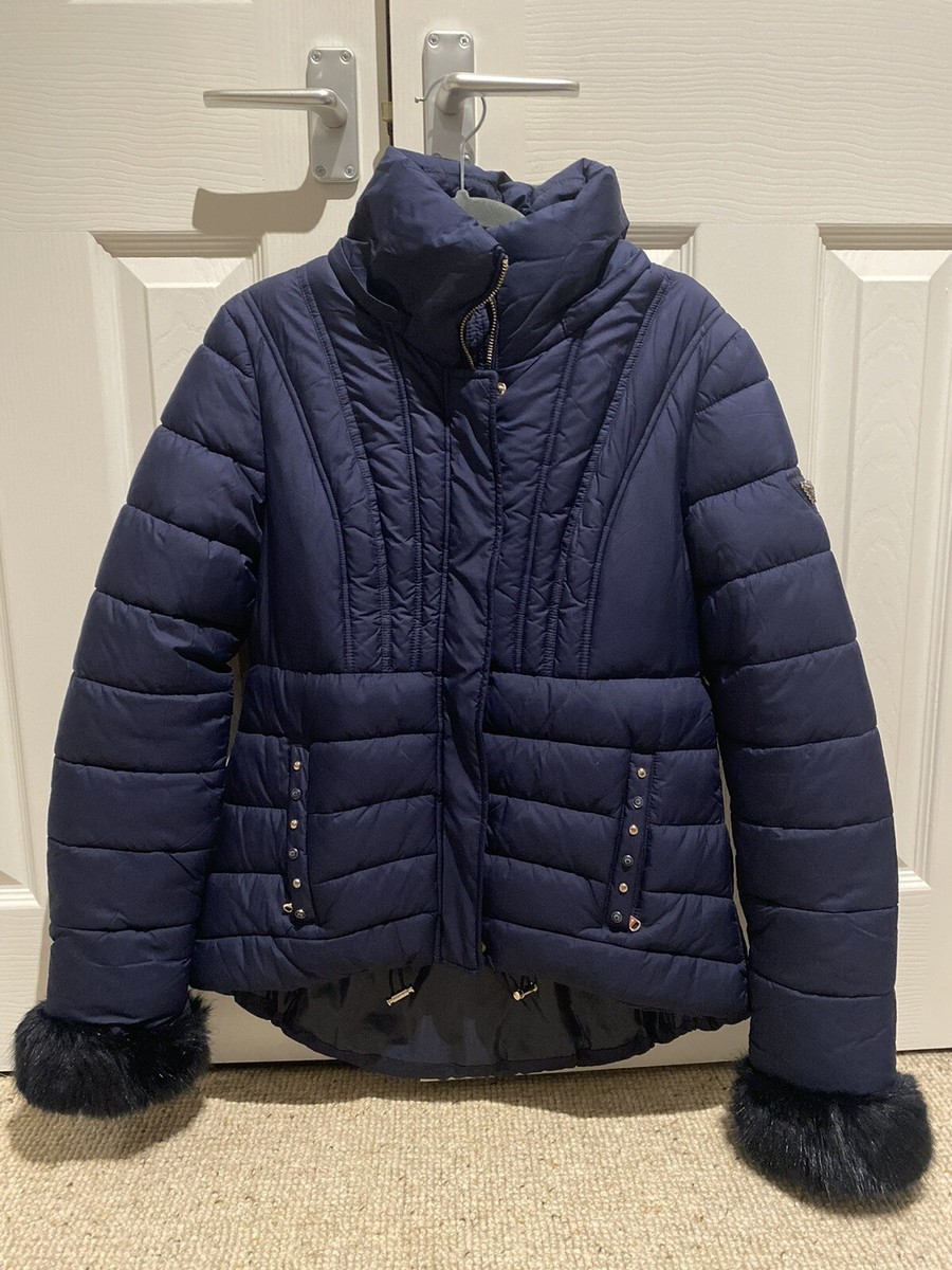 Guess Jacket Womens UK Navy Puffer Belt Collar Full Zip Coat