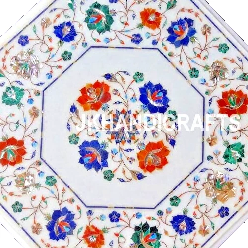 White Marble Table Semiprecious Inlay Work Home Decor Gift 18" Octagonal - Image 2 of 4