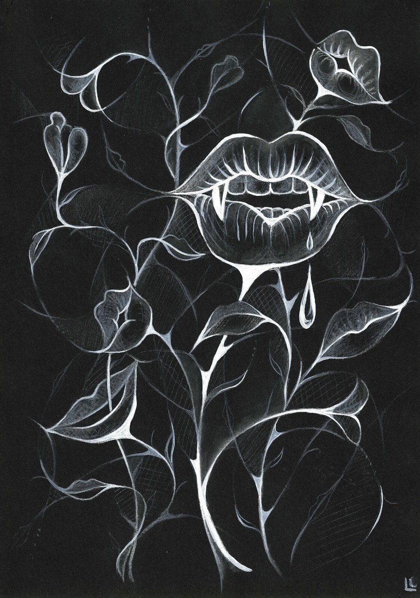Surreal art work with lips, Painting black white graphics drawing