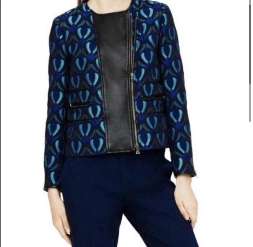 Club Monaco Aubrey Jacquard Moto Jacket W/ Lambskin Panel Women Size 2 XS - Image 2 of 4