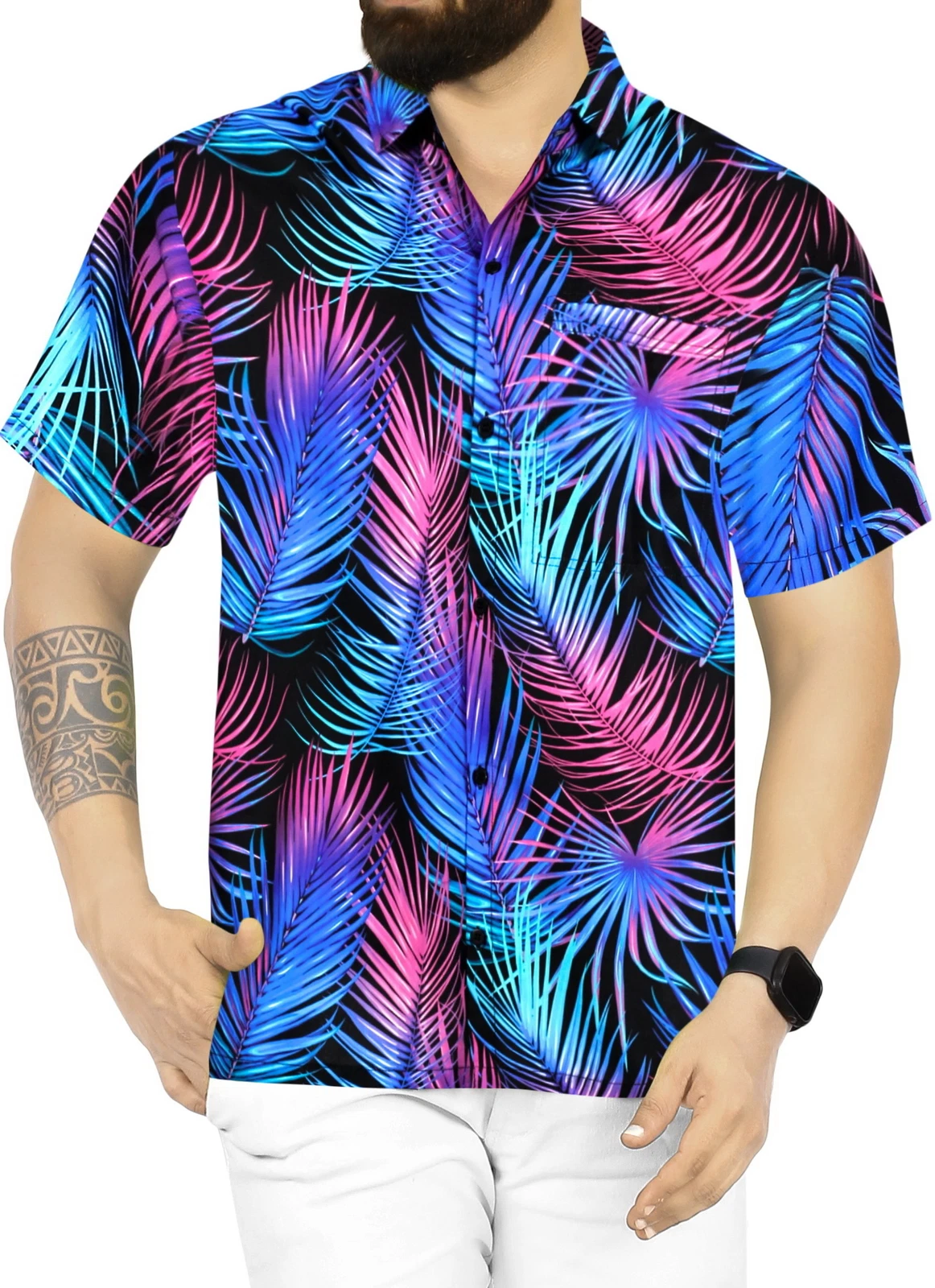 HAPPY BAY Mens Hawaiian Short Sleeve Button Down Shirts XXL Neon Leaves, Blue