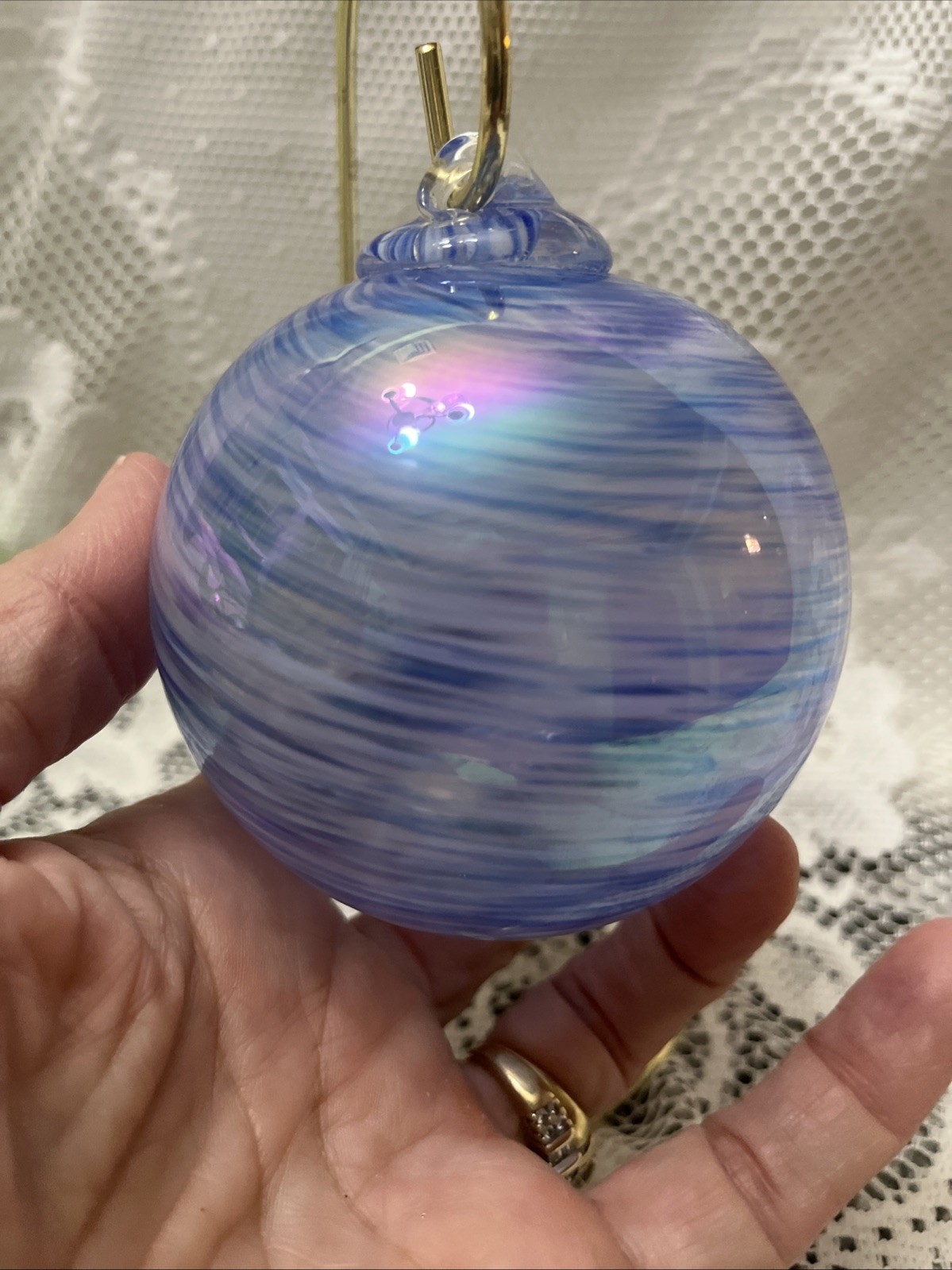 Hand Blown Glass Orb Witch Ball Sun Catcher Ornament  Poland Iron Art Blue Lot 2