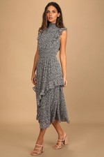 NWT Lulus Size M Evalina Black Micro Dark Floral Mock Neck Midi Dress