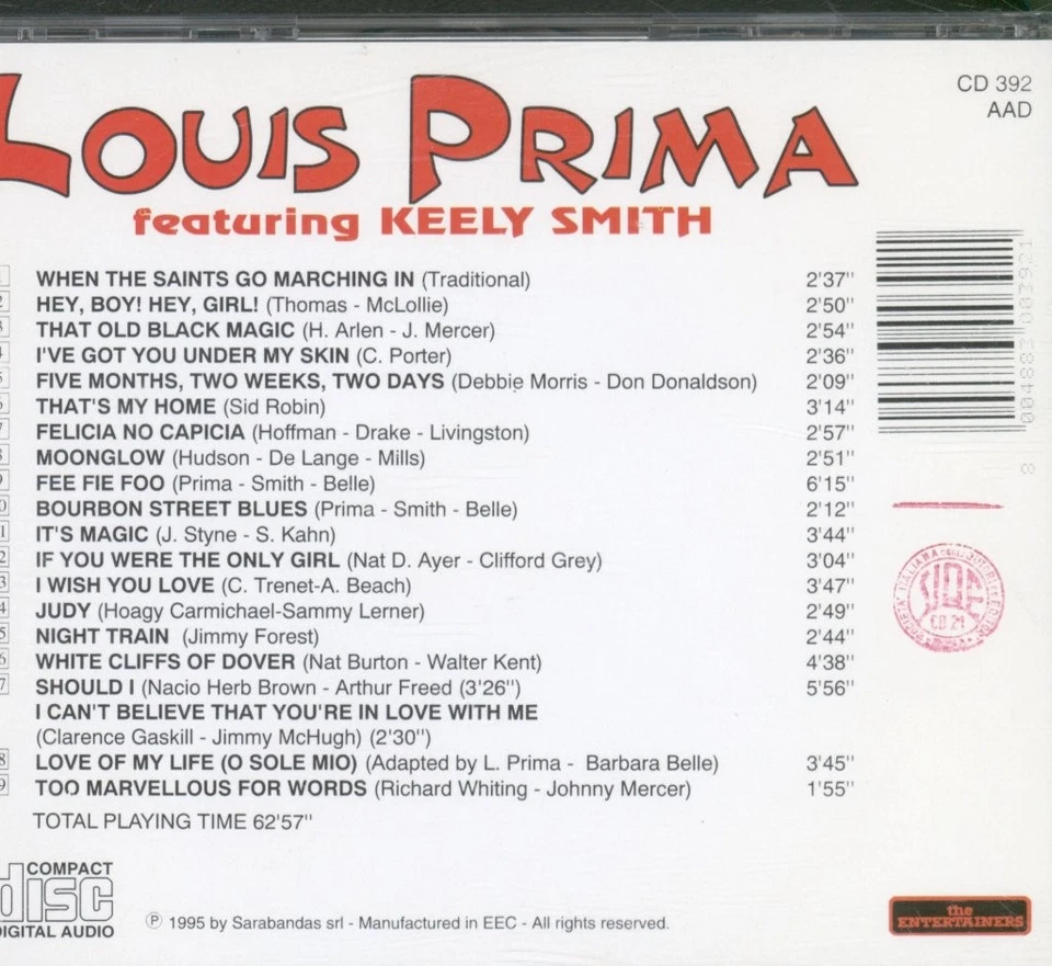 Louis Prima Featuring Keely Smith Self-Titled CD Italy The Entertainers 1995 - Image 2 of 3
