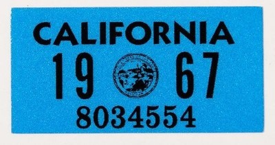 1967 California License Plate YOM Year Registration Sticker Original 3M Material
