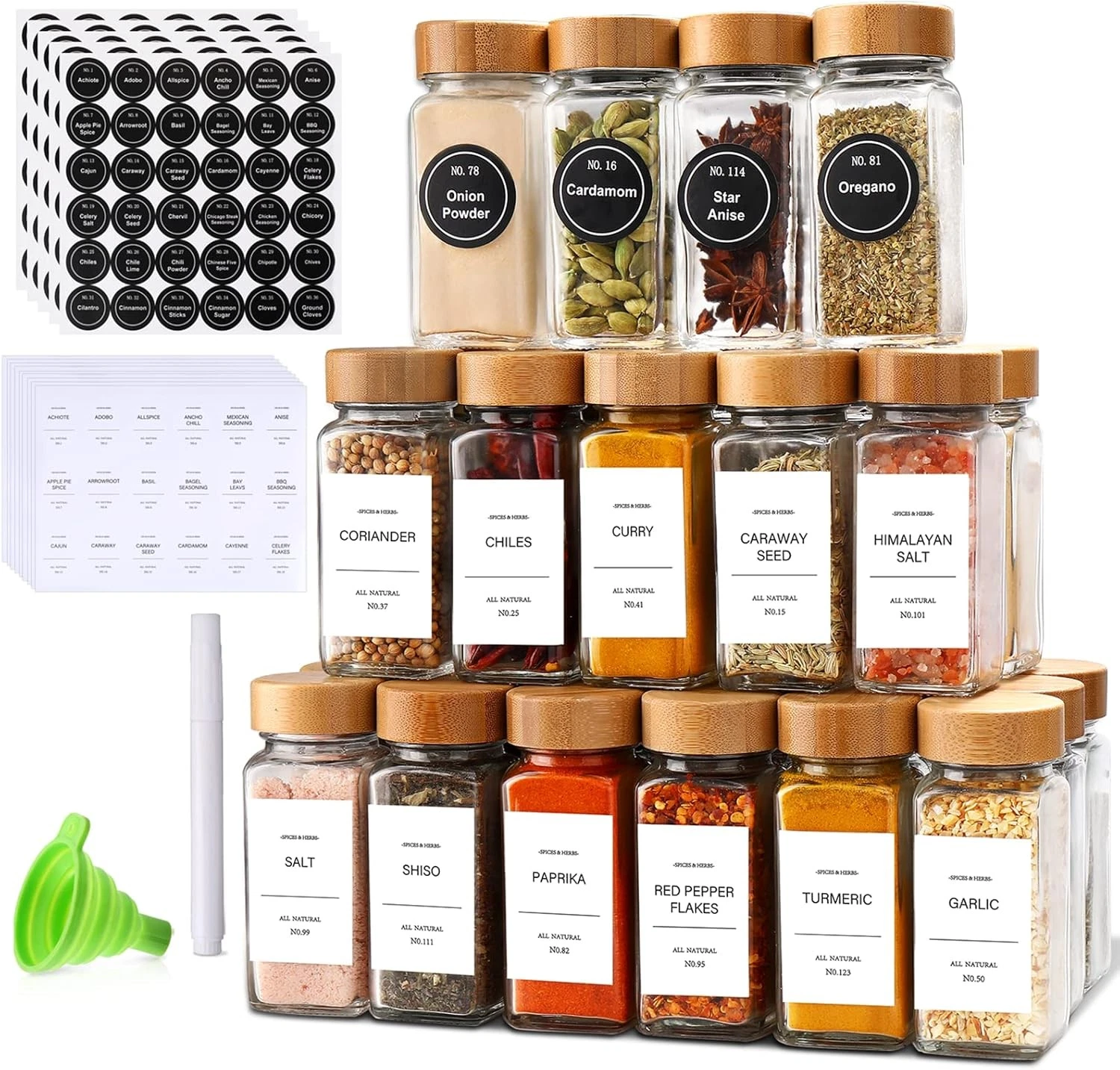 Spice Jars W/ Label 24Pcs,Seasoning Containers,Glass Spice Jars W/ Bamboo